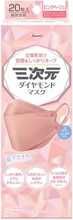 三次元ダイヤモンドマスク フリーサイズ ２０枚入 ピンクベージュ